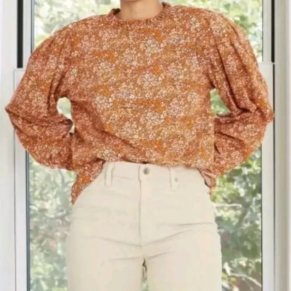 Cottagecore Peasant Blouse‎ Ruffle Collar Keyhole Back Floral Orange  Medium